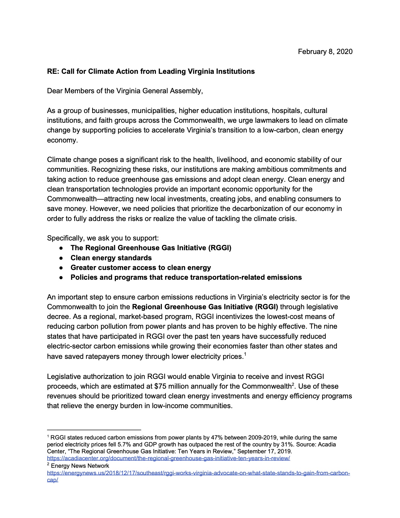 VA Climate Leaders Letter